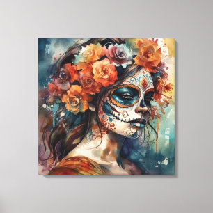 Toile Catrina aquarelle Dia de los Muertos Crâne de Sucr