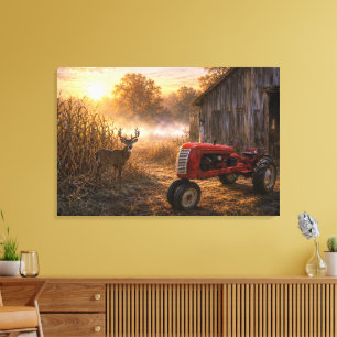 Toile Cerf de Virginie et tracteur vintage dans la brume