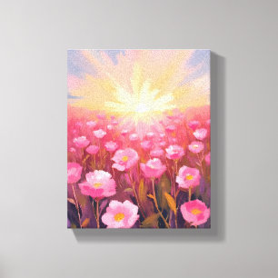 Toile Champ de fleurs roses aquarelle florale