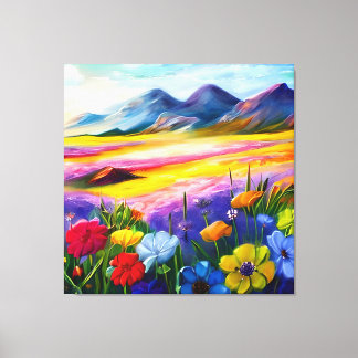 Toile Champ de Fleurs sauvages au pied d'une montagne