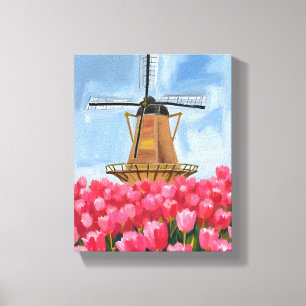 Toile Champ de tulipes moulin à vent hollandais aquarell