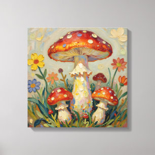 Toile Champignons et Fleurs Cottage Core