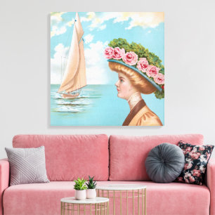 Toile Chapeau Rose Rose Vintage Dame Bord de Mer Art Voi