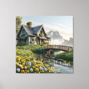 Toile Charmant Cottage Entouré de Fleurs Sauvages Coloré