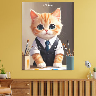 Toile Charming Ginger Cat Artiste avec pinceaux mignonne
