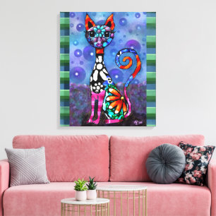 Toile Chat Abstrait Féminin aux Grands Yeux et Funky