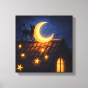 Toile Chat au Clair de Lune sur un Toit Étoilé