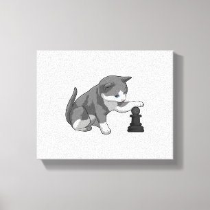 Toile Chat aux échecs avec pièce d'échecs Évêque