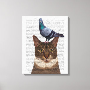 Toile Chat avec pigeon sur tête