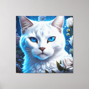 Toile Chat blanc aux yeux bleu clair Floral