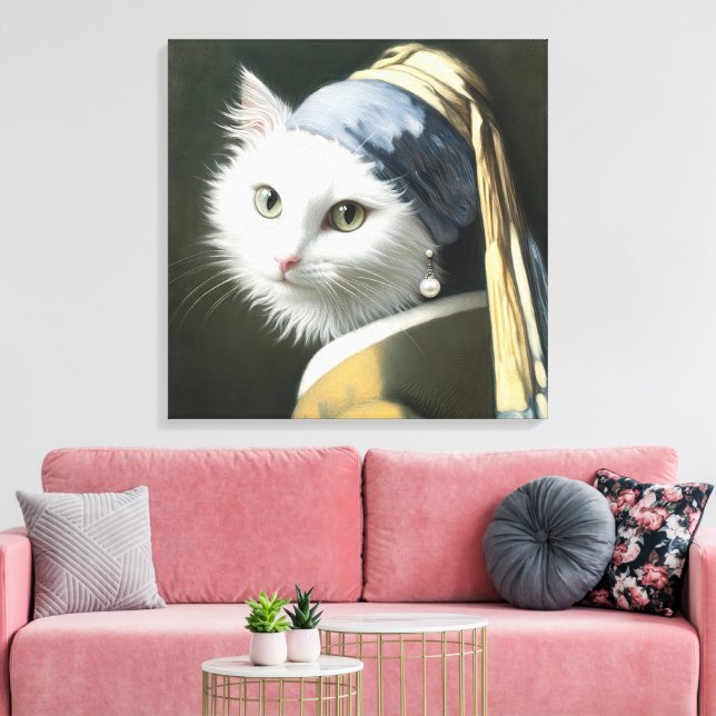 Toile Chat Blanc Avec une Perle à l'Oreille (Insitu(Salon))