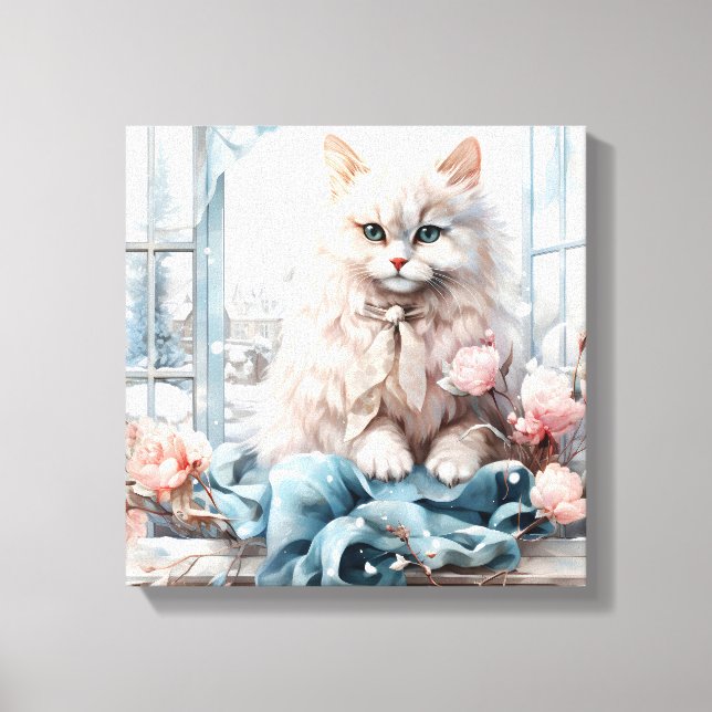 Toile Chat Blanc Fluffé Bleu Oyé Dans Une Fenêtre (Recto)