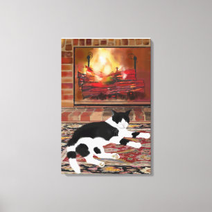 Toile Chat blanc noir devant la cheminée