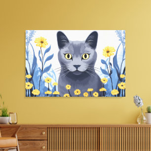 Toile Chat Bleu Russe Fleurs Jaunes