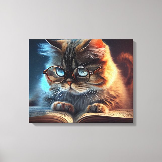 Toile Chat en lunettes lisant un livre (Recto)