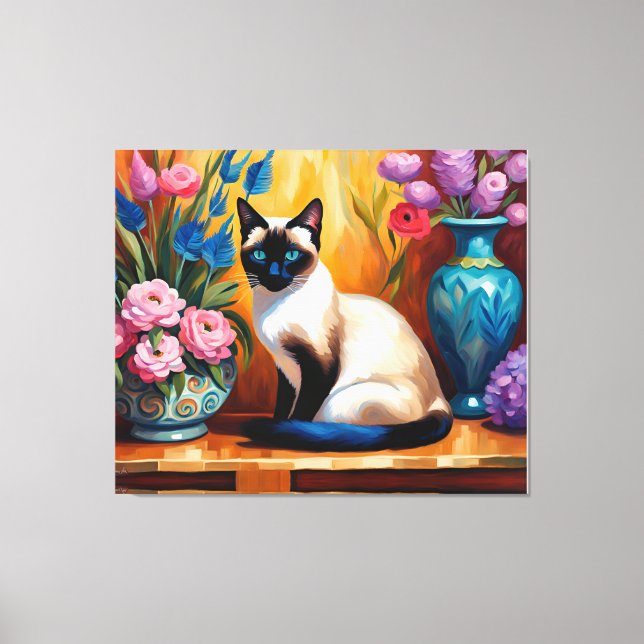 Toile Chat et bouquets siamois dans Vases aquarelle (Recto)