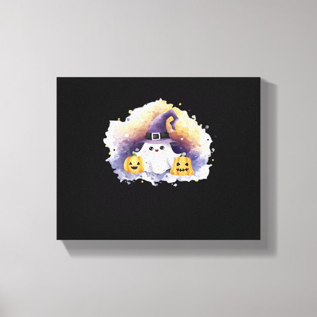 Toile Chat Fantôme mignon avec Citrouilles - Kawaii Hall (Recto)