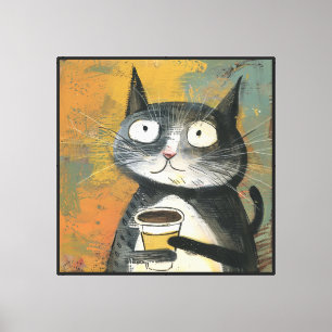 Toile Chat gris avec café sur fond ocre