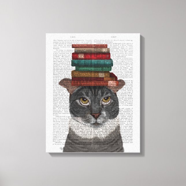 Toile Chat gris avec des livres sur la tête (Recto)