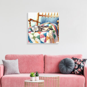 Toile Chat gris doux dormant sur une courtepointe