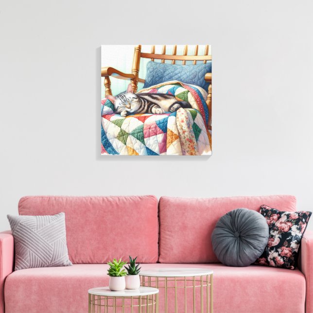 Toile Chat gris doux dormant sur une courtepointe (Insitu(Salon))