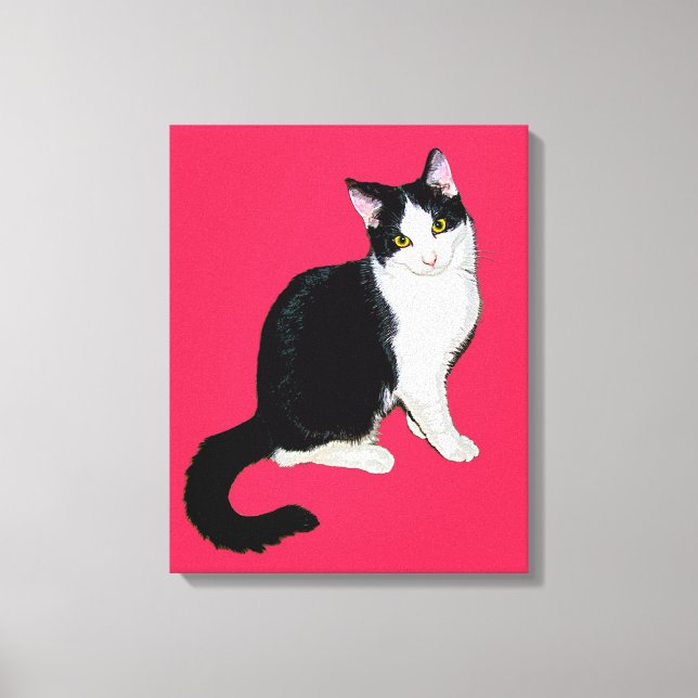 Toile Chat Kitty, noir et blanc sur rose chaud (Recto)