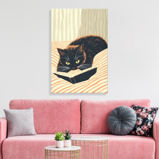 Toile chat lisant au lit (Insitu(Salon))