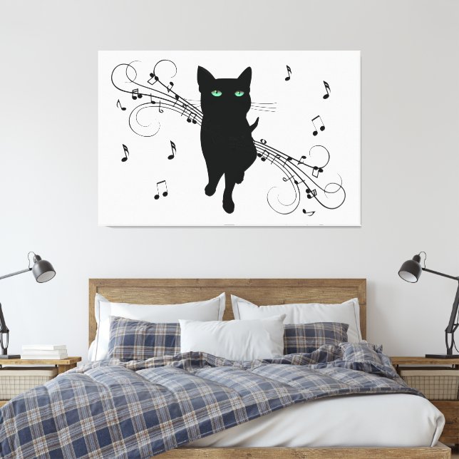 Toile Chat noir entouré de notes de musique murmurantes (Insitu(Chambre))