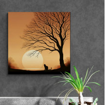 Chat noir et silhouette d'arbre dans le Sun Set