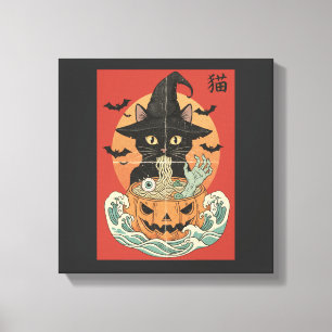 Toile Chat noir mange du ramen japonais pour Halloween