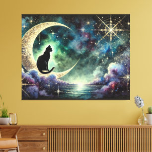 Toile Chat noir sur croissant de lune avec ciel nocturne