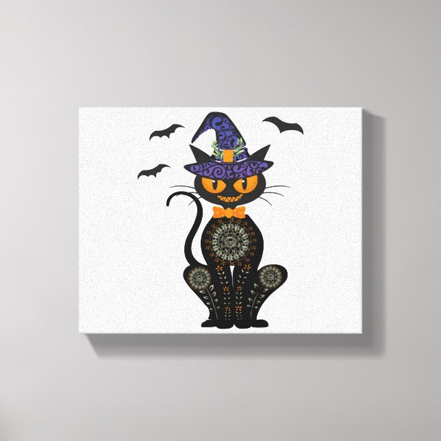 Toile Chat noir Tshirt Halloween sorcière (Recto)