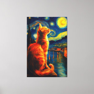 Toile Chat roux contemplatif   Ciel nocturne étoilé