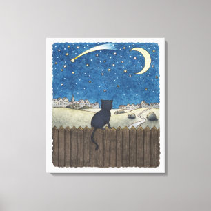 Toile Chat sur une barrière regardant le ciel nocturne