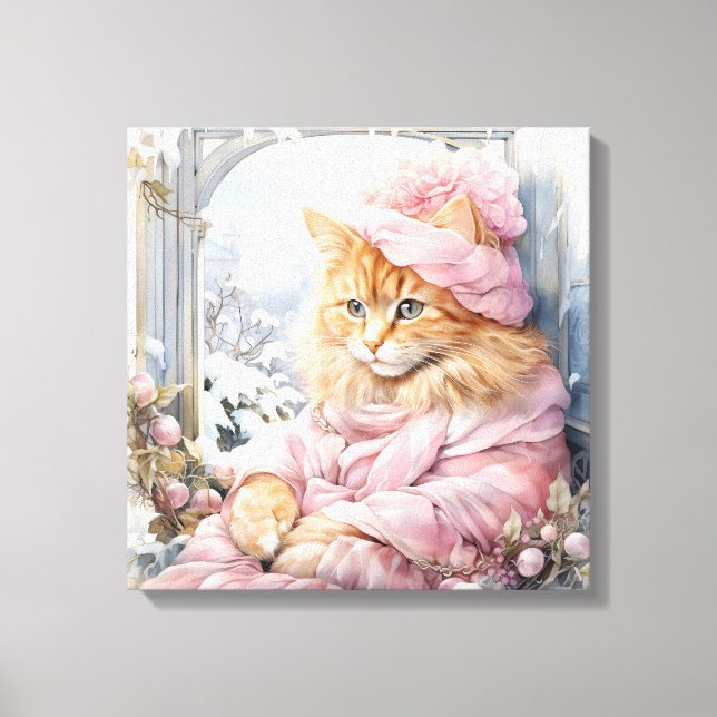Toile Chat Tabby Orange Habillé De Rose Dans Une Fenêtre (Recto)