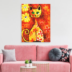 Toile Chat Whimsical Rétro Kitty Floral Jaune Rouge Oran