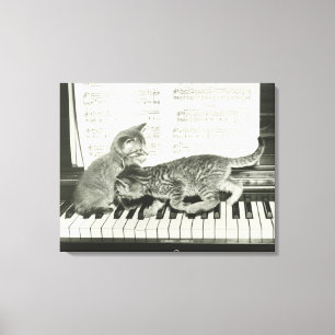 Toile Chaton deux jouant sur le clavier de piano, (B&W)