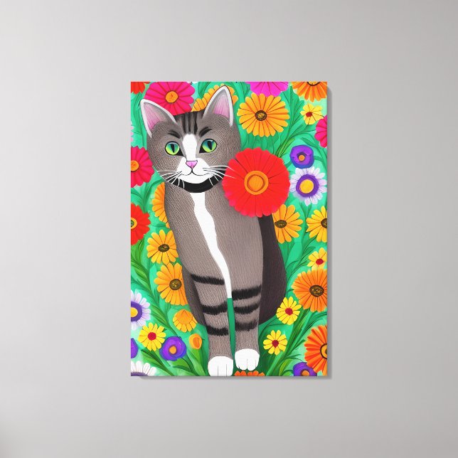 Toile Chats blancs et gris Whimsical et Fleur rouge (Recto)