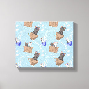 Toile Chats en boîte et gouttes de lait sur bleu