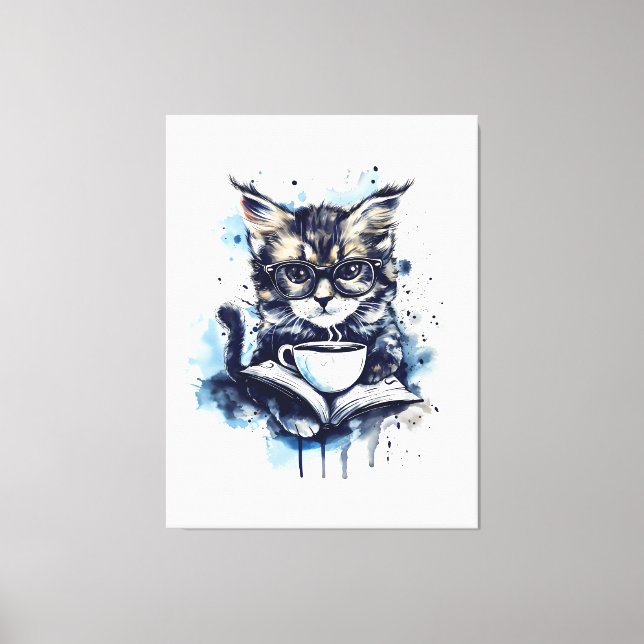 Toile Chats Livres Café Aquarelle Boho Abstrait (Recto)