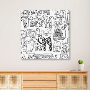 Toile Chats Moderne Noir et Blanc Dessinés à la Main 