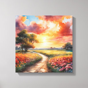 Toile Chemin du coucher de soleil à travers un champ de