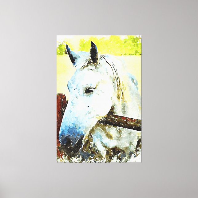 Toile *~* Cheval blanc équin au-dessus de la clôture en  (Recto)