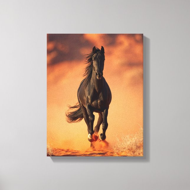 Toile Cheval noir chargeant sur un coucher de soleil enf (Recto)