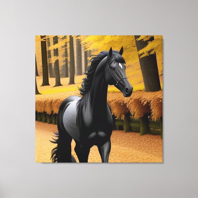 Toile Cheval noir dans un sentier forestier Pittoresque  (Recto)