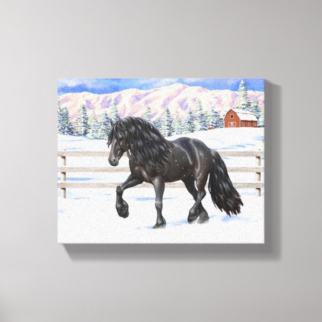 Toile Cheval Noir Friésien En Neige (Recto)