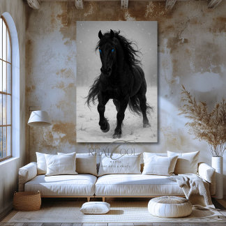 Toile Cheval Noir Stallion dans la Neige Art Équestre Oc