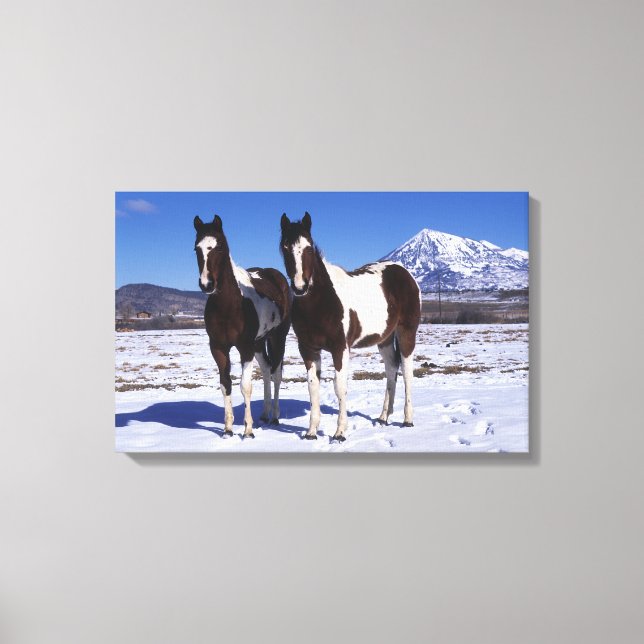 Toile Chevaux de peinture debout dans la neige (Recto)