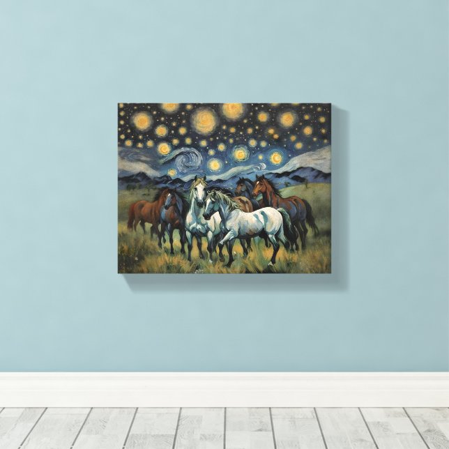Toile Chevaux sauvages de nuit étoilés (Insitu (Plancher de Bois))