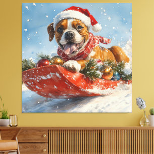 Toile Chien Boxer en Luge Laissez Tomber la Neige Noël